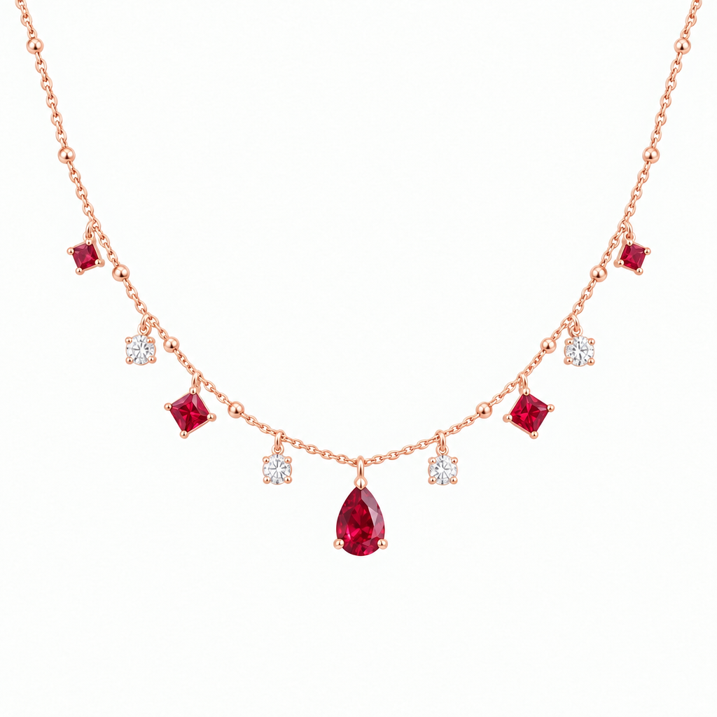14K Rose Gold Lab Grown Ruby Diamond Station Necklace
