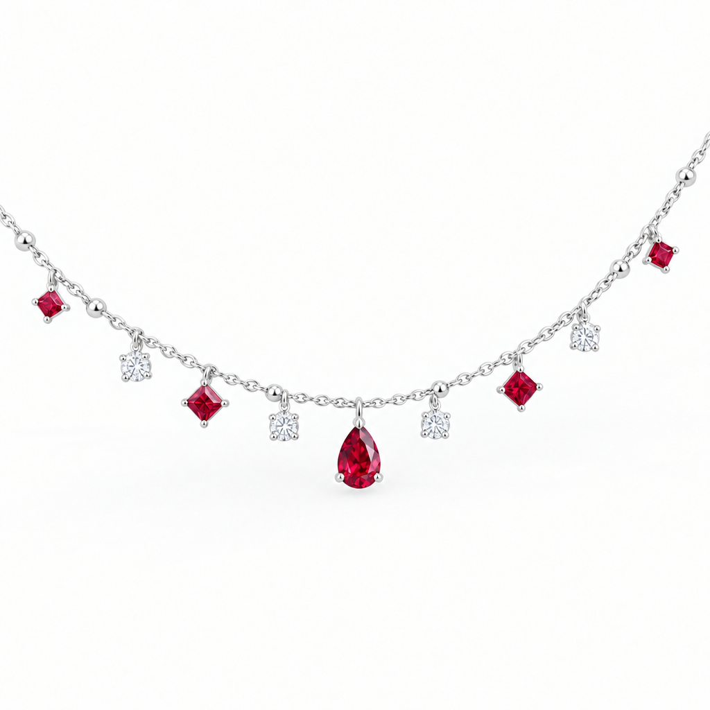 14K White Gold Lab Grown Ruby Diamond Station Necklace - View 2