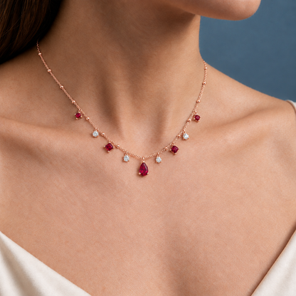 14K Rose Gold Lab Grown Ruby Diamond Station Necklace - Close-up