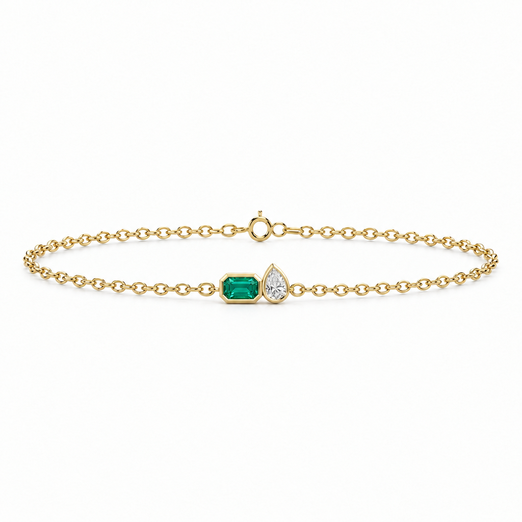 14K Yellow Gold Lab Grown Emerald Pear Diamond Toi et Moi Bracelet