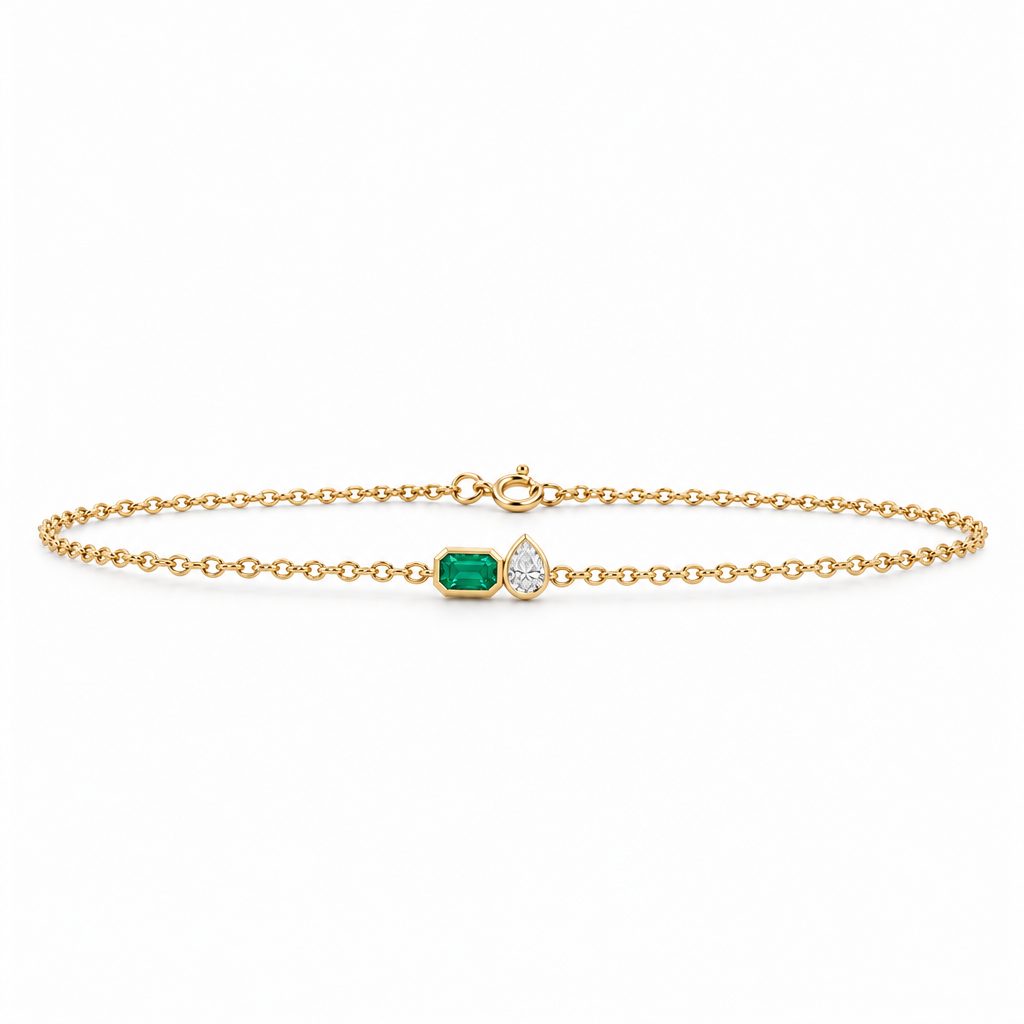 10K Yellow Gold Lab Grown Emerald Pear Diamond Toi et Moi Bracelet - View 4