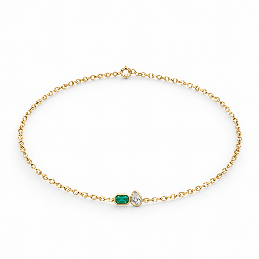 10K Yellow Gold Lab Grown Emerald Pear Diamond Toi et Moi Bracelet - View 2