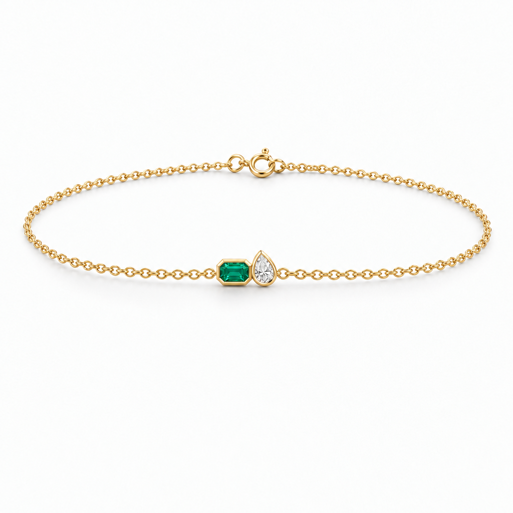 14K Yellow Gold Lab Grown Emerald Pear Diamond Toi et Moi Bracelet - View 3