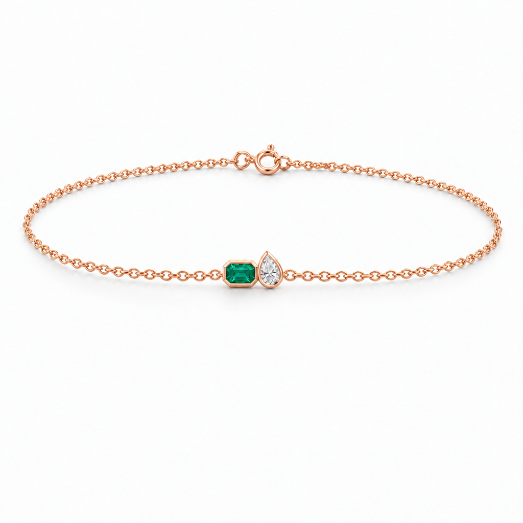 10K Rose Gold Lab Grown Emerald Pear Diamond Toi et Moi Bracelet - View 3