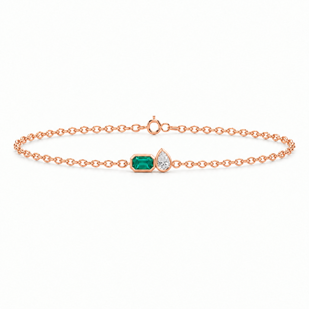 14K Rose Gold Lab Grown Emerald Pear Diamond Toi et Moi Bracelet