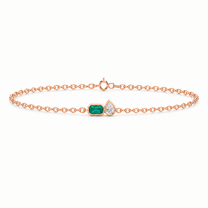 10K Rose Gold Lab Grown Emerald Pear Diamond Toi et Moi Bracelet
