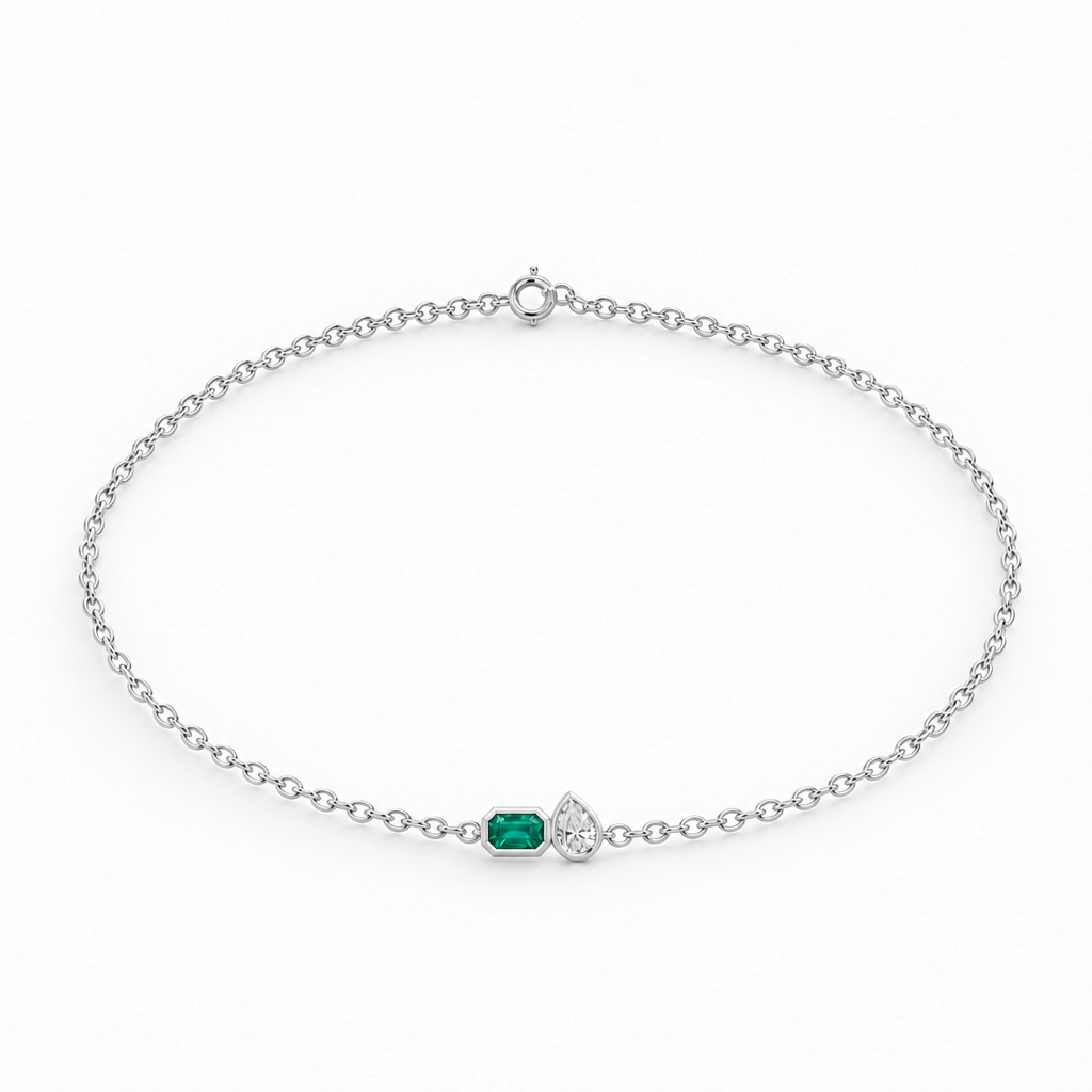 14K White Gold Lab Grown Emerald Pear Diamond Toi et Moi Bracelet - View 2