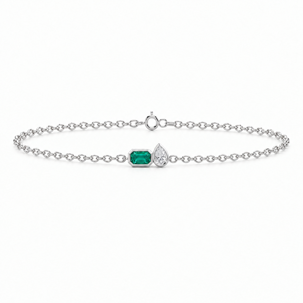 Platinum Lab Grown Emerald Pear Diamond Toi et Moi Bracelet