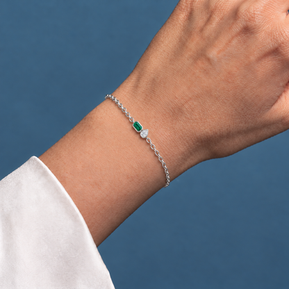 14K White Gold Lab Grown Emerald Pear Diamond Toi et Moi Bracelet - Close-up