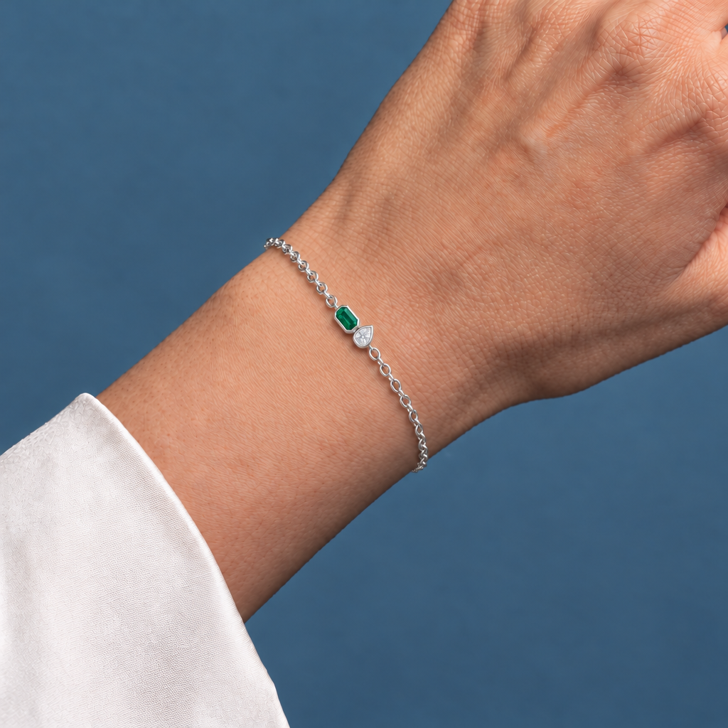 Platinum Lab Grown Emerald Pear Diamond Toi et Moi Bracelet - Close-up