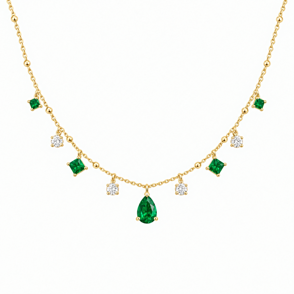 14K Yellow Gold Lab Grown Emerald Diamond Station Necklace