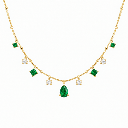 14K Yellow Gold Lab Grown Emerald Diamond Station Necklace