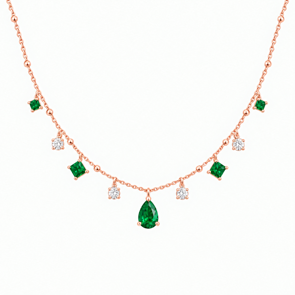 14K Rose Gold Lab Grown Emerald Diamond Station Necklace