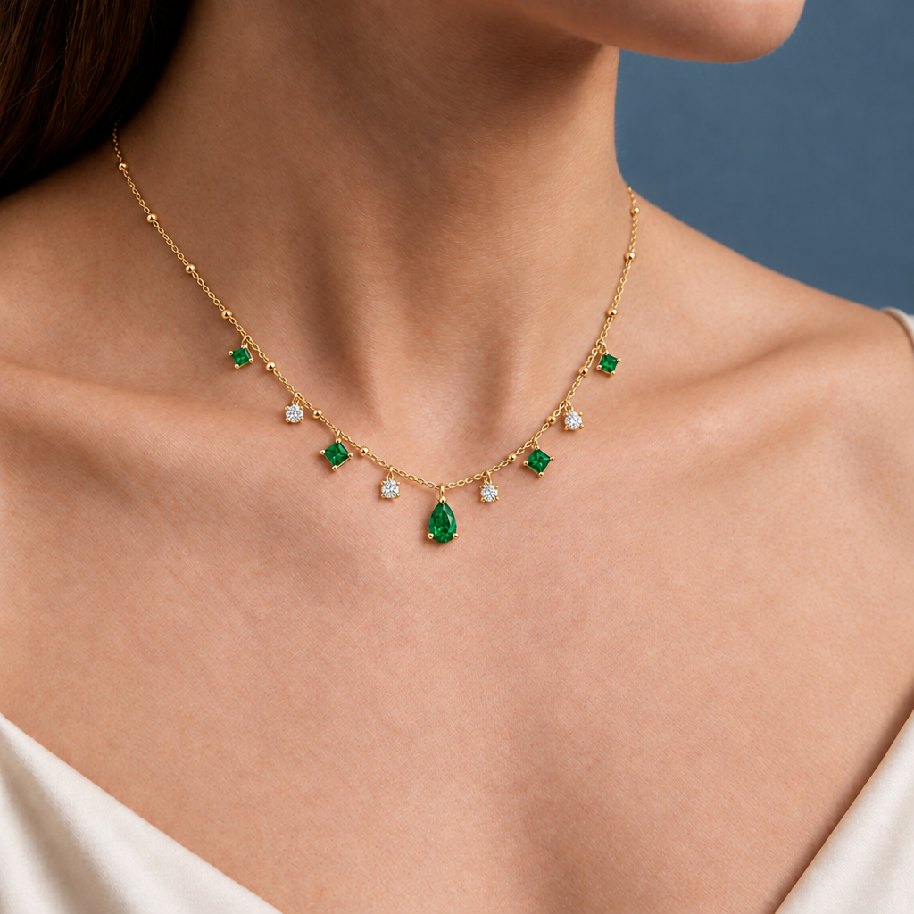 10K Yellow Gold Lab Grown Emerald Diamond Station Necklace - Close-up