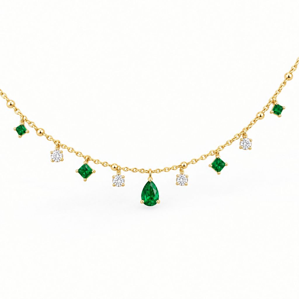 14K Yellow Gold Lab Grown Emerald Diamond Station Necklace - View 2