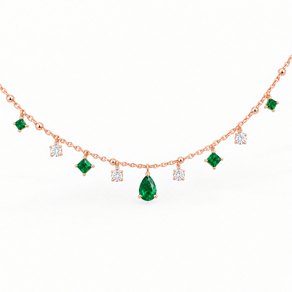 10K Rose Gold Lab Grown Emerald Diamond Station Necklace - View 2