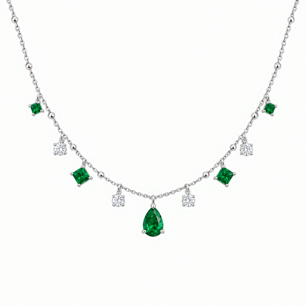 Platinum Lab Grown Emerald Diamond Station Necklace