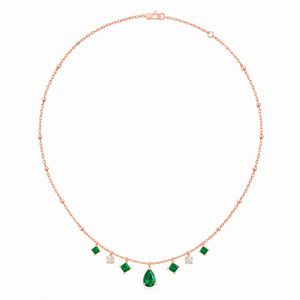 14K Rose Gold Lab Grown Emerald Diamond Station Necklace - View 3