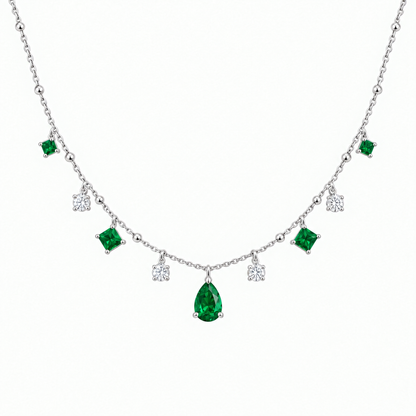 14K White Gold Lab Grown Emerald Diamond Station Necklace