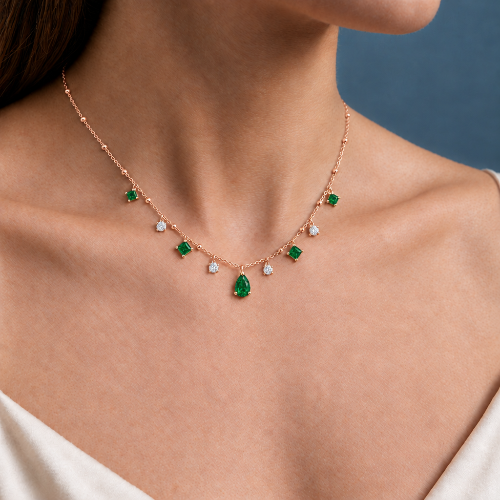 14K Rose Gold Lab Grown Emerald Diamond Station Necklace - Close-up