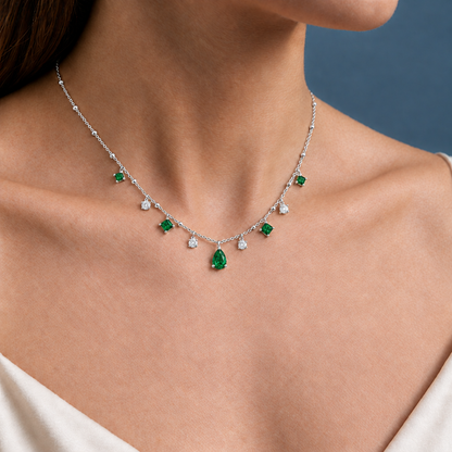 Sterling Silver Lab Grown Emerald Diamond Station Necklace - Close-up
