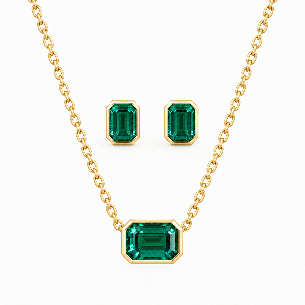 10K Yellow Gold Lab Grown Emerald Bezel Pendant and Stud Set
