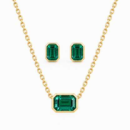 10K Yellow Gold Lab Grown Emerald Bezel Pendant and Stud Set