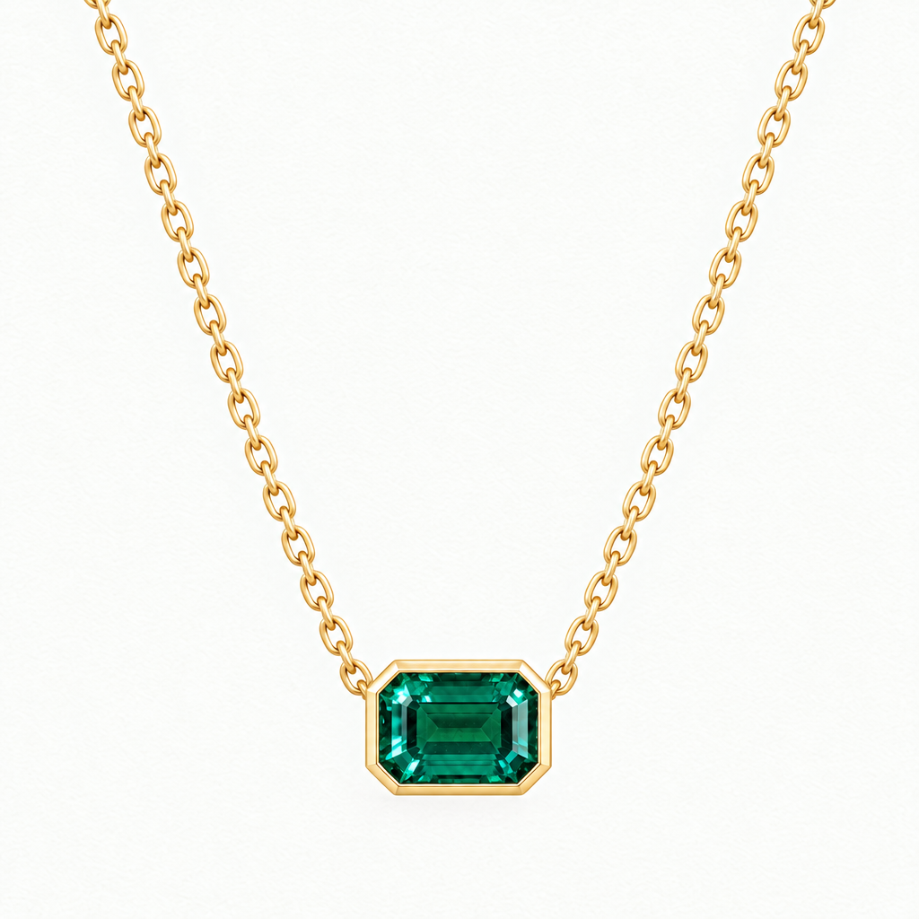 10K Yellow Gold Lab Grown Emerald Bezel Pendant and Stud Set - Necklace