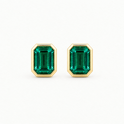 14K Yellow Gold Lab Grown Emerald Bezel Pendant and Stud Set - Stud Earrings