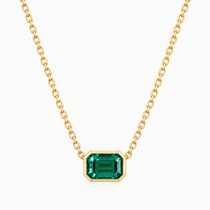14K Yellow Gold Lab Grown Emerald Bezel Pendant and Stud Set - Necklace