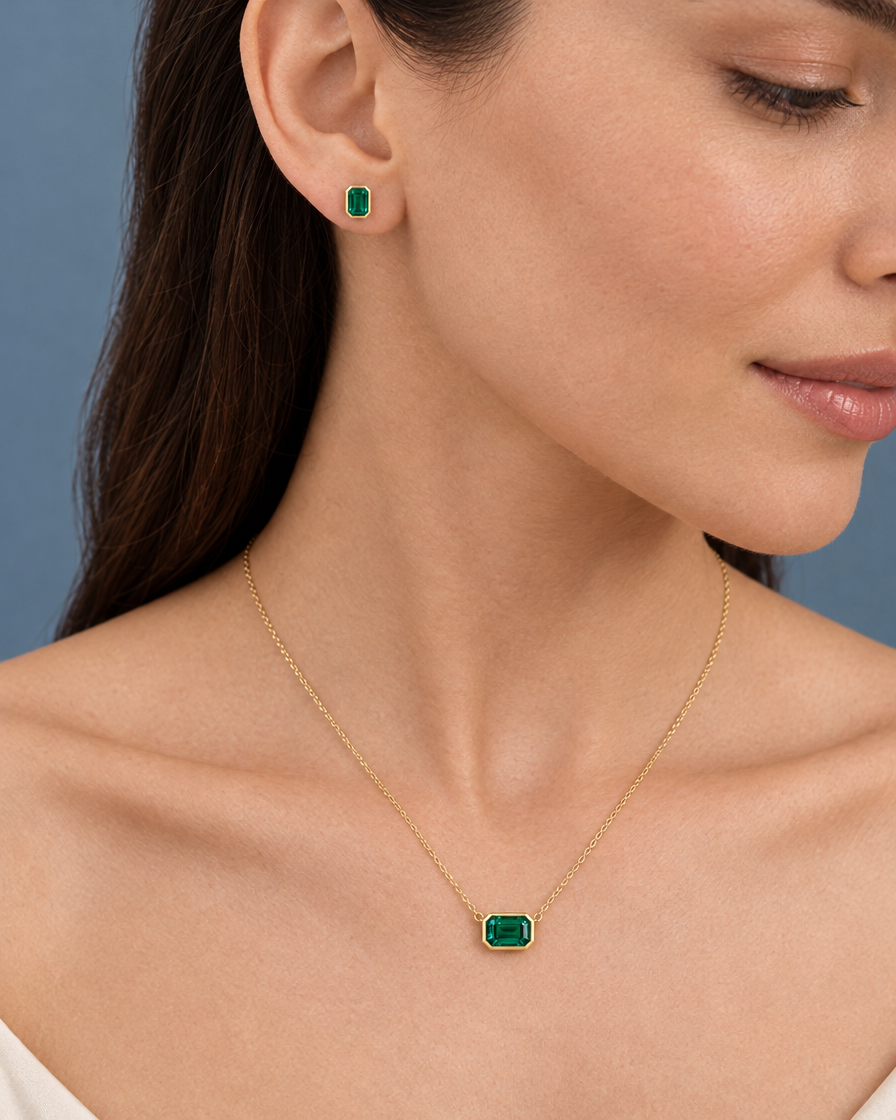 14K Yellow Gold Lab Grown Emerald Bezel Pendant and Stud Set - On Model