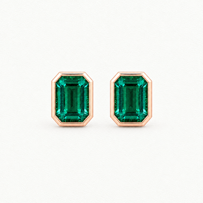 14K Rose Gold Lab Grown Emerald Bezel Pendant and Stud Set - Stud Earrings
