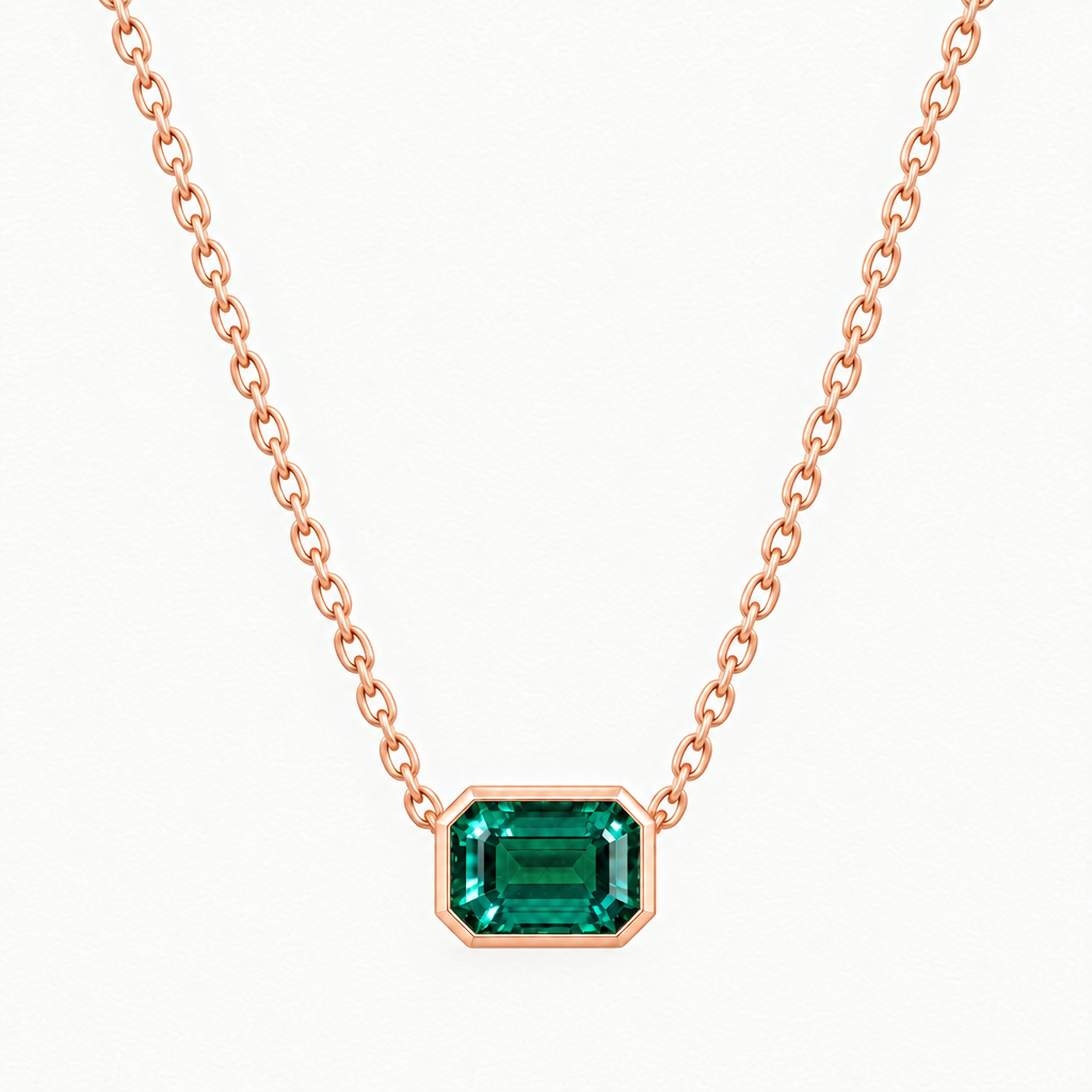10K Rose Gold Lab Grown Emerald Bezel Pendant and Stud Set - Necklace