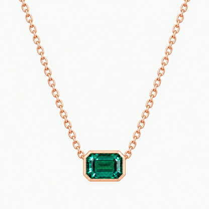 10K Rose Gold Lab Grown Emerald Bezel Pendant and Stud Set - Necklace