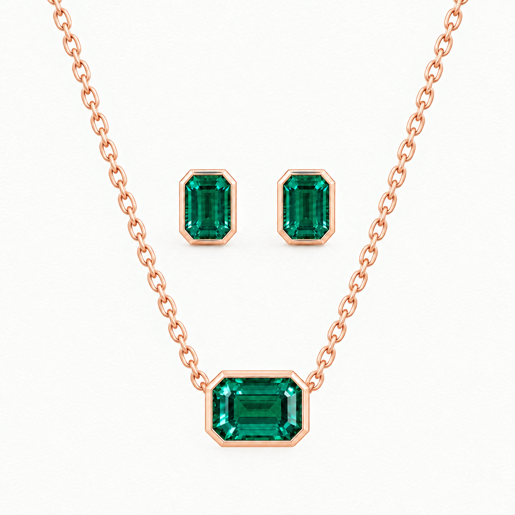 14K Rose Gold Lab Grown Emerald Bezel Pendant and Stud Set