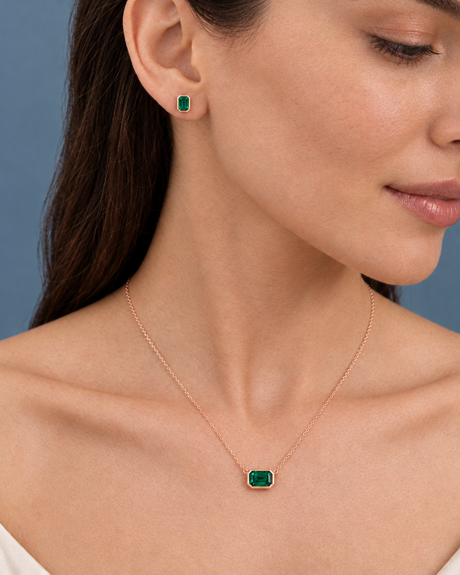 14K Rose Gold Lab Grown Emerald Bezel Pendant and Stud Set - On Model