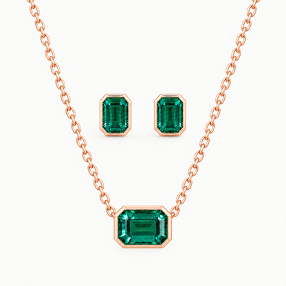 10K Rose Gold Lab Grown Emerald Bezel Pendant and Stud Set