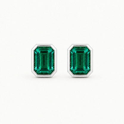 14K White Gold Lab Grown Emerald Bezel Pendant and Stud Set - Stud Earrings