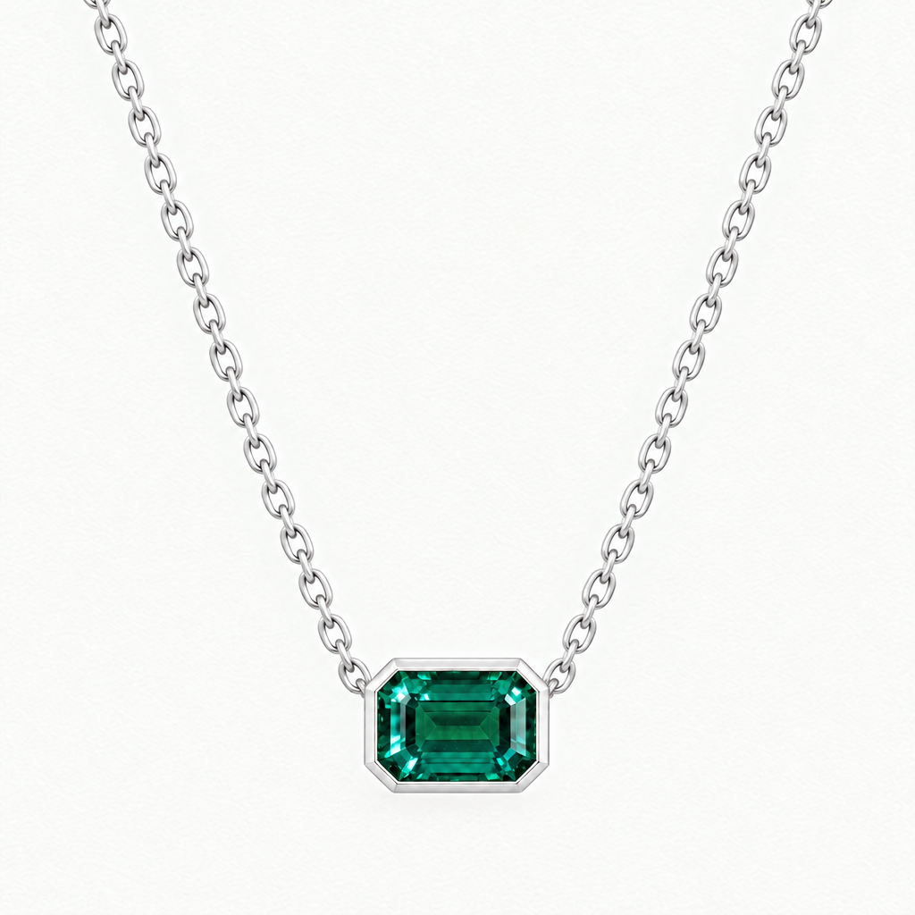 Platinum Lab Grown Emerald Bezel Pendant and Stud Set - Necklace