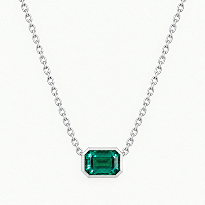 Sterling Silver Lab Grown Emerald Bezel Pendant and Stud Set - Necklace