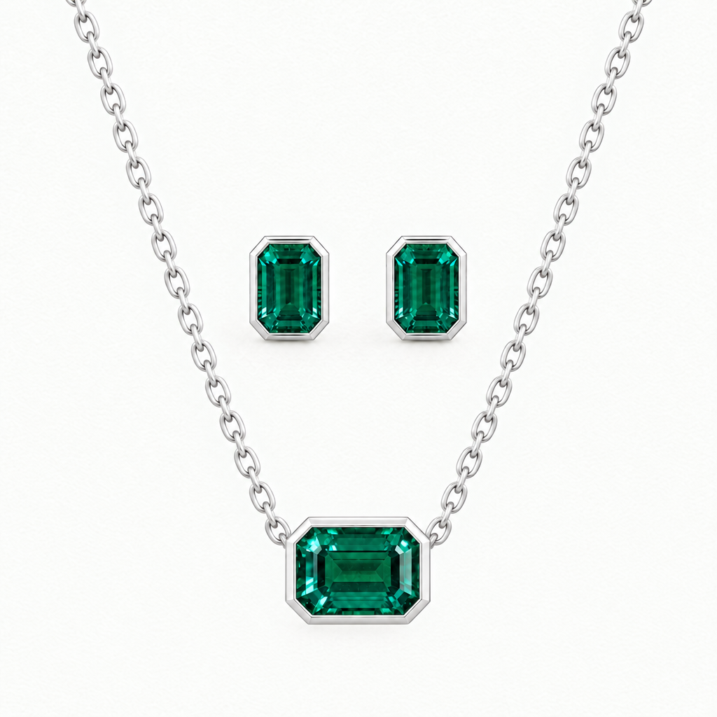 Sterling Silver Lab Grown Emerald Bezel Pendant and Stud Set