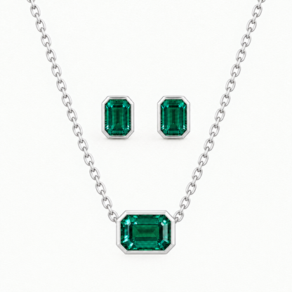 14K White Gold Lab Grown Emerald Bezel Pendant and Stud Set
