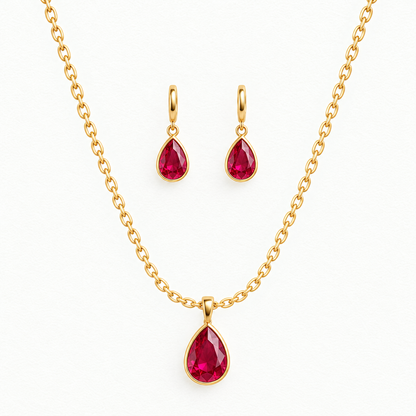 14K Yellow Gold Lab Grown Ruby Pear Bezel Pendant and Earring Set