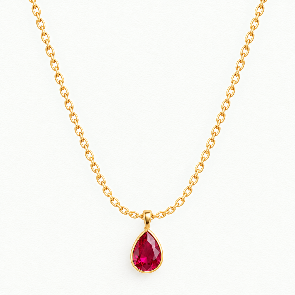 10K Yellow Gold Lab Grown Ruby Pear Bezel Pendant and Earring Set - Pendant Necklace