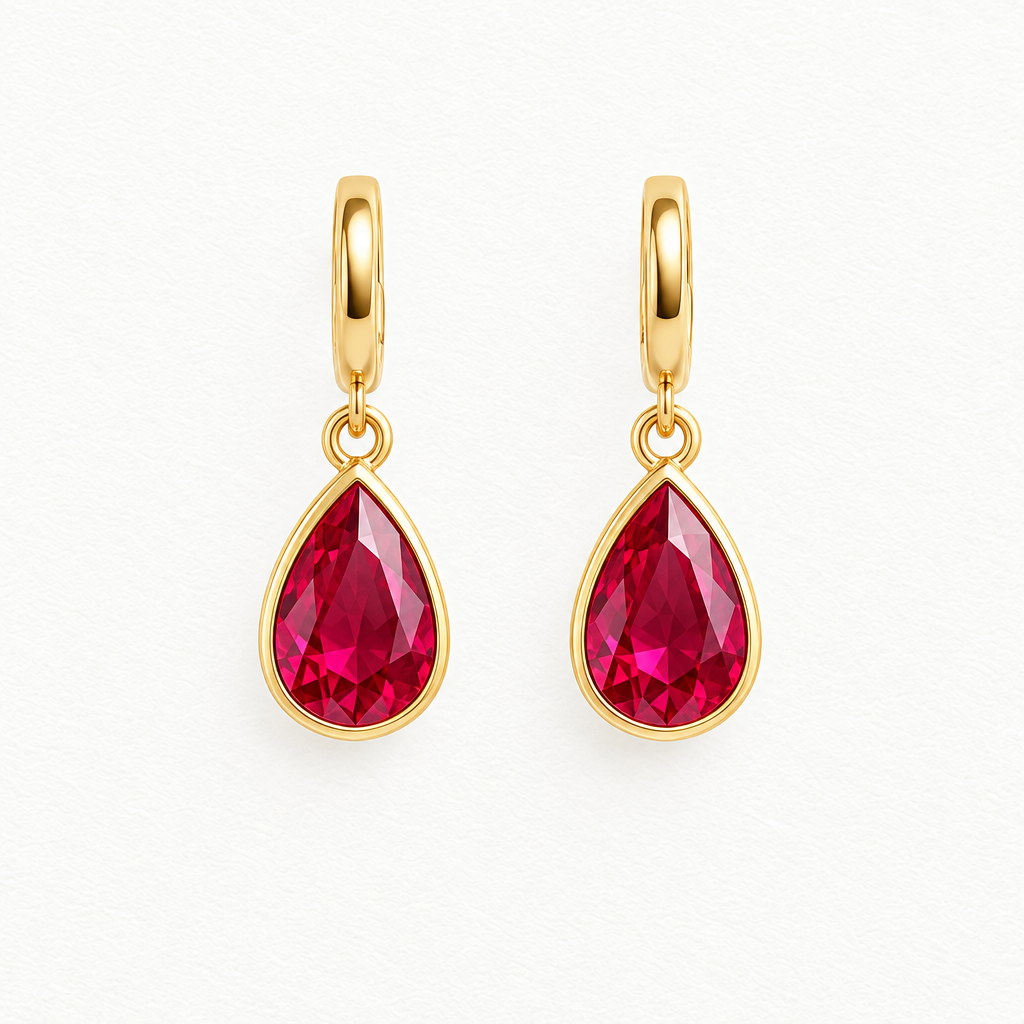 14K Yellow Gold Lab Grown Ruby Pear Bezel Pendant and Earring Set - Drop Earrings