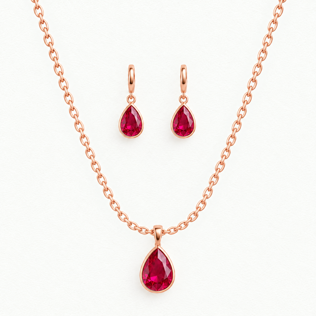 14K Rose Gold Lab Grown Ruby Pear Bezel Pendant and Earring Set