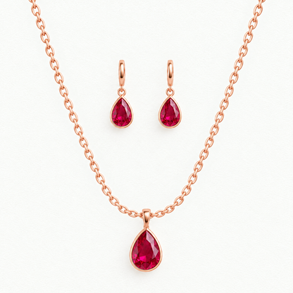 14K Rose Gold Lab Grown Ruby Pear Bezel Pendant and Earring Set