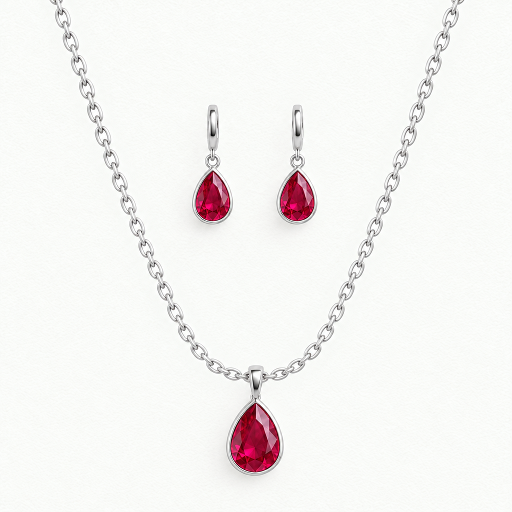 14K White Gold Lab Grown Ruby Pear Bezel Pendant and Earring Set