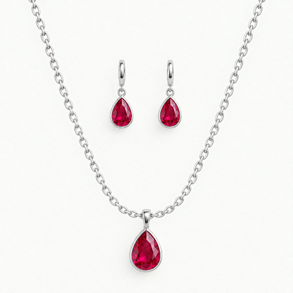 14K White Gold Lab Grown Ruby Pear Bezel Pendant and Earring Set