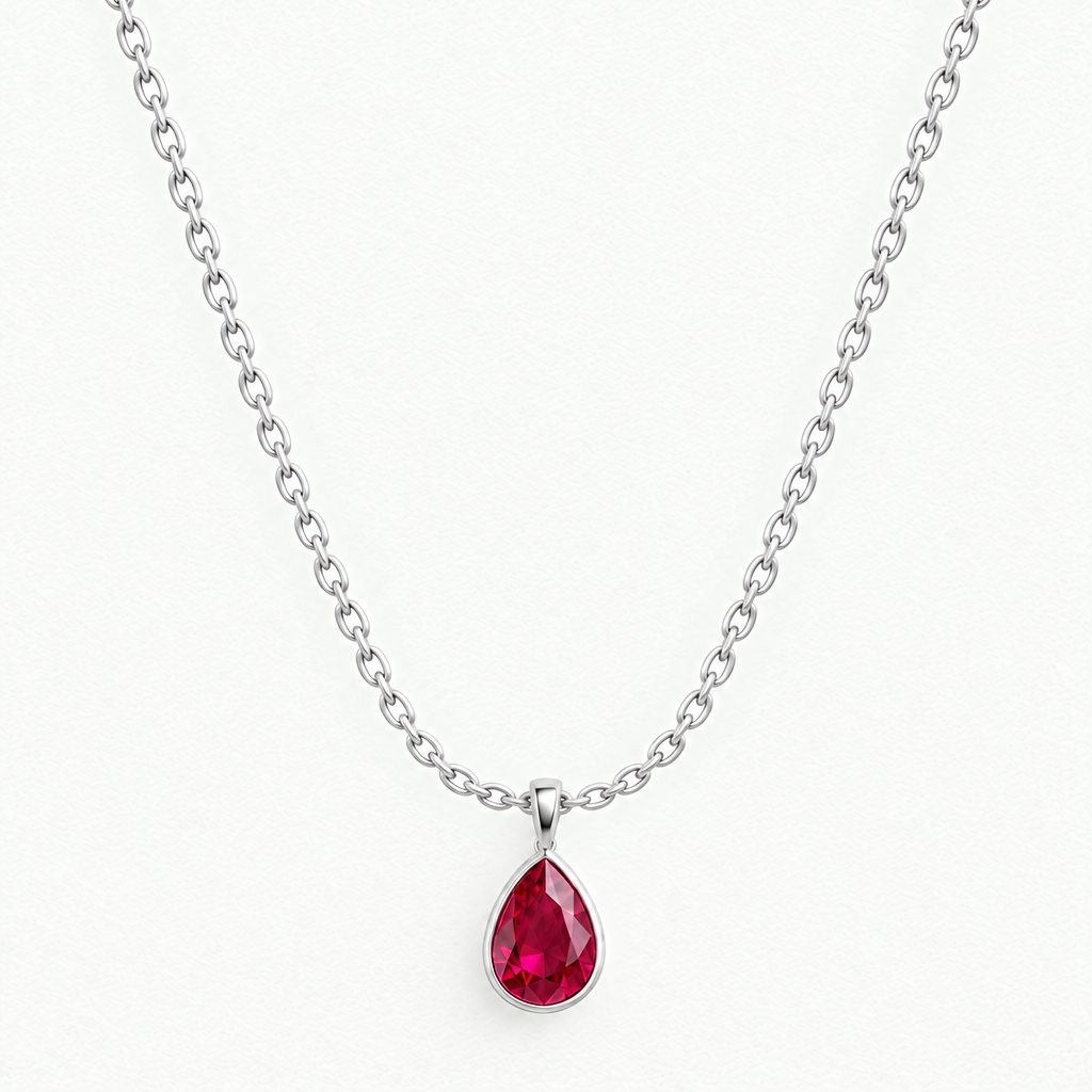 Sterling Silver Lab Grown Ruby Pear Bezel Pendant and Earring Set - Pendant Necklace